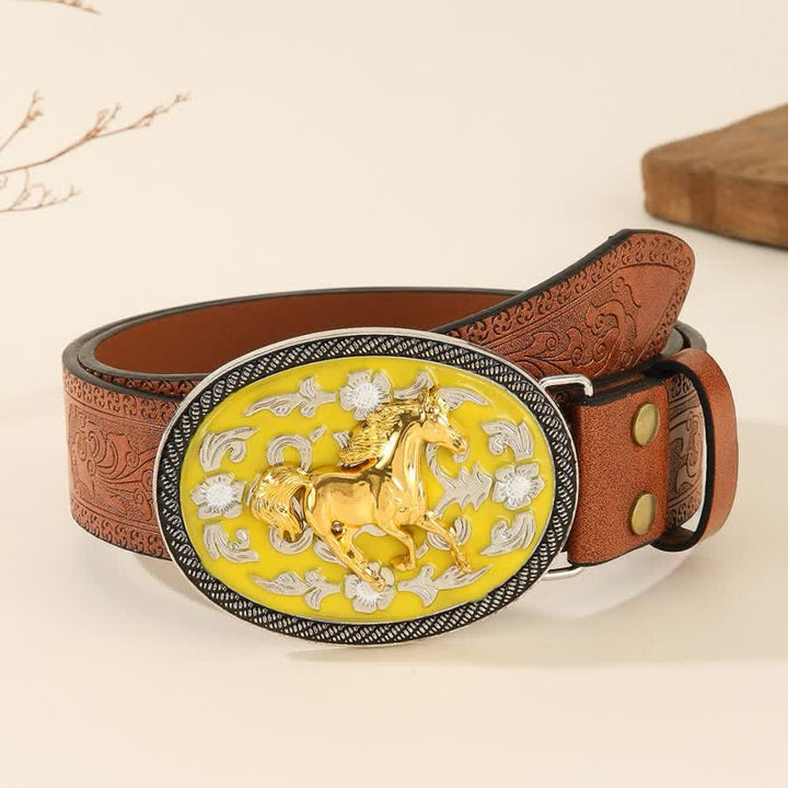 Cintura in pelle goffrata con fibbia gialla a forma di cavallo in corsa - Rosa e oro - 40 - image 0