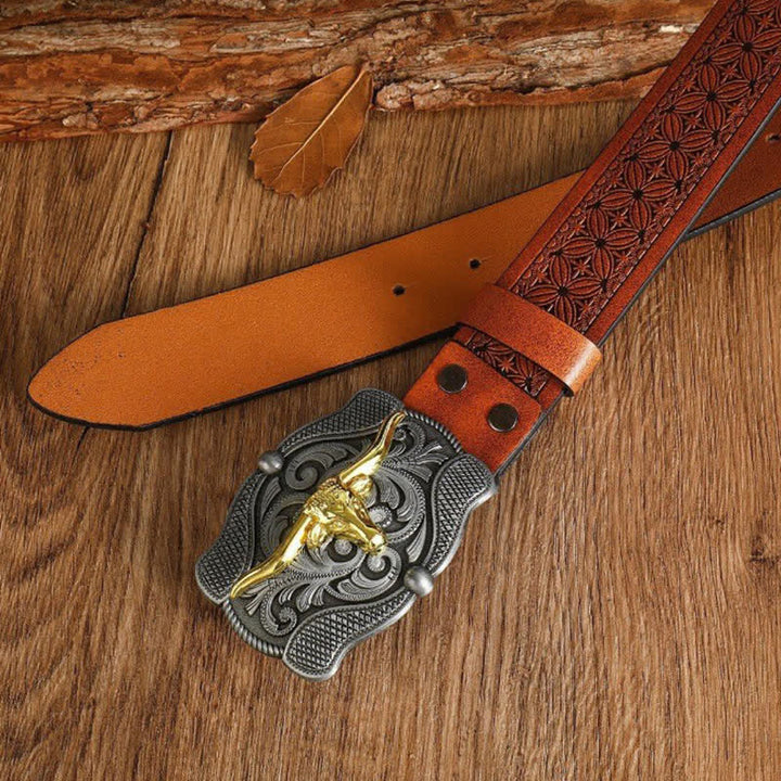 Cintura da uomo in pelle di toro Longhorn dorata quadrata