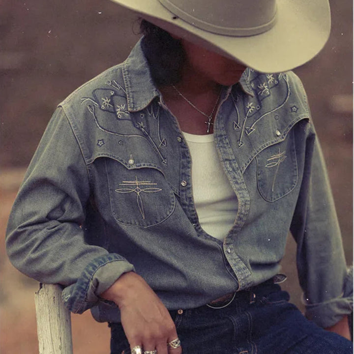 Camicia da cowboy western in denim lavato ricamato Gambler - image 0