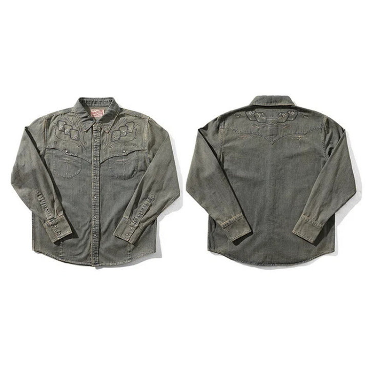 Camicia da cowboy western in denim lavato ricamato Gambler - image 5