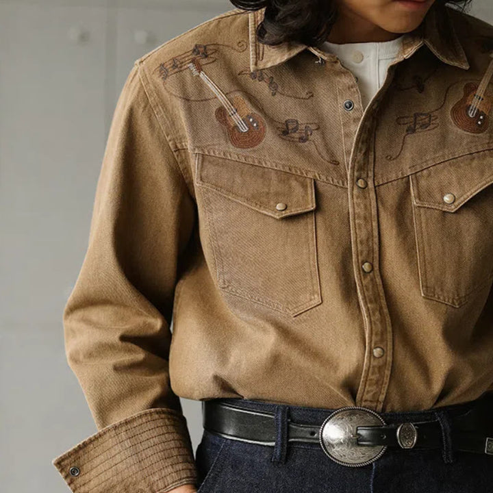 Camicia da cowboy western con ricamo di note musicali di chitarra vintage - image 0