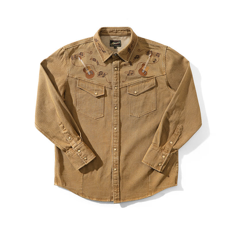 Camicia da cowboy western con ricamo di note musicali di chitarra vintage - Caffè - 3XL - image 1