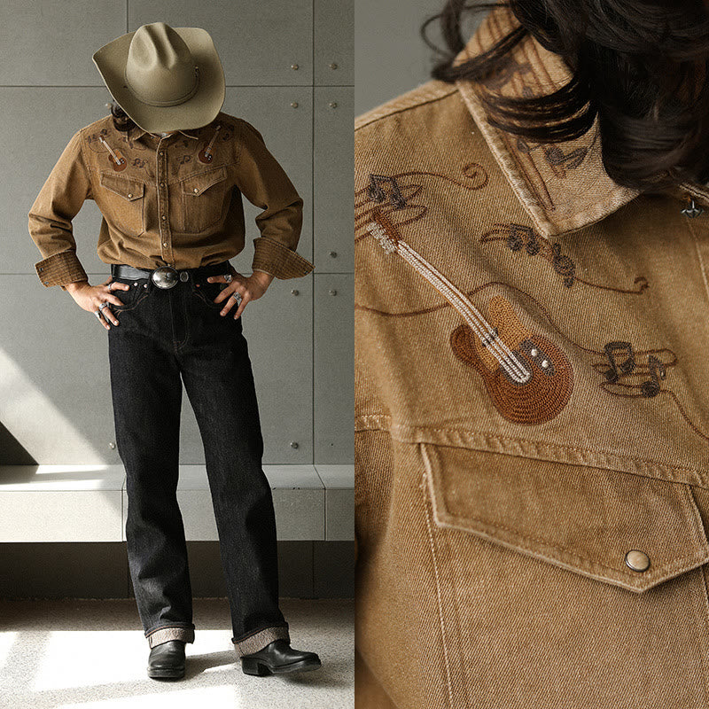 Camicia da cowboy western con ricamo di note musicali di chitarra vintage - image 2