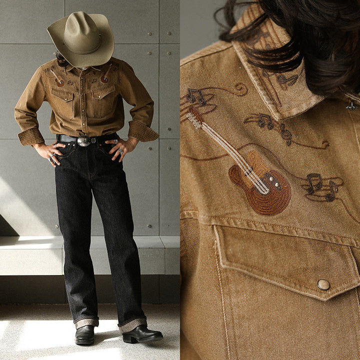 Camicia da cowboy western con ricamo di note musicali di chitarra vintage - image 2