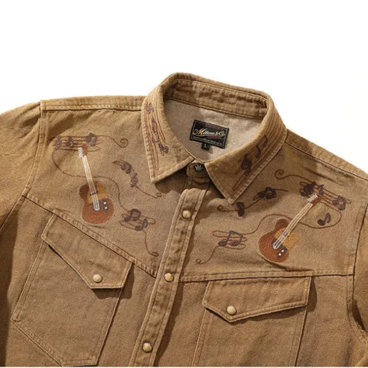 Camicia da cowboy western con ricamo di note musicali di chitarra vintage - image 3