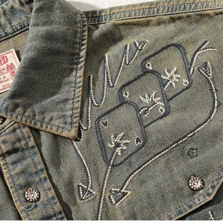 Camicia da cowboy western in denim lavato ricamato Gambler - image 7