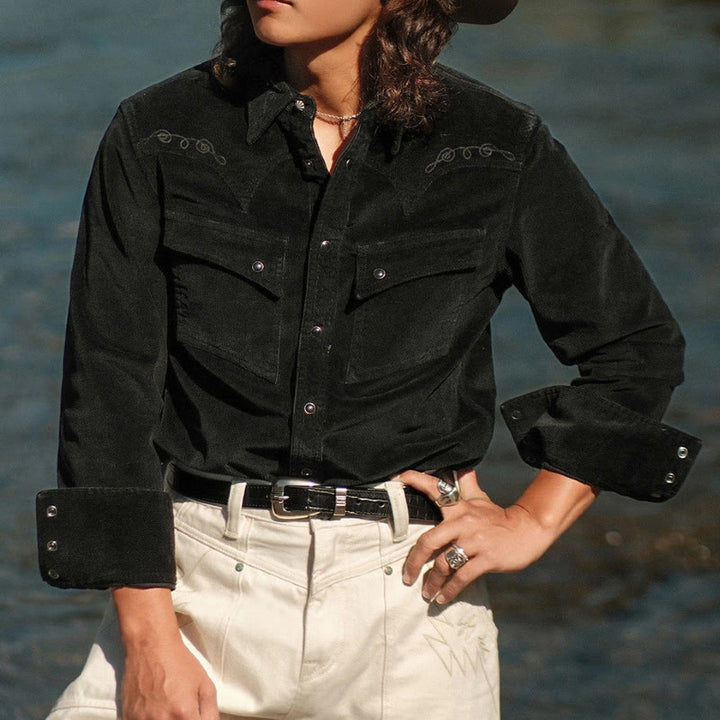 Camicia da cowboy western con ricamo in velluto a coste nero - image 0
