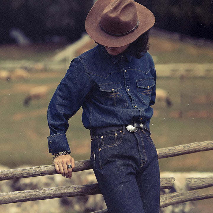 Camicia da cowboy western vintage blu scuro lavata - image 0