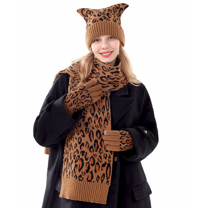 Set di 3 cappelli, sciarpe, guanti e orecchie di gatto con stampa leopardata - image 1