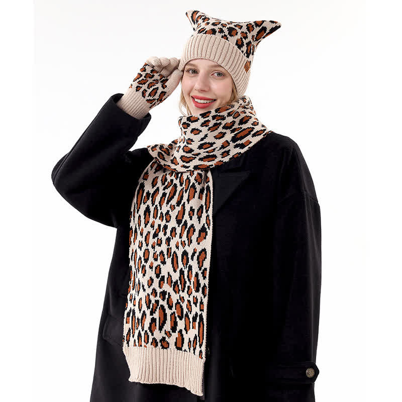 Set di 3 cappelli, sciarpe, guanti e orecchie di gatto con stampa leopardata - image 9