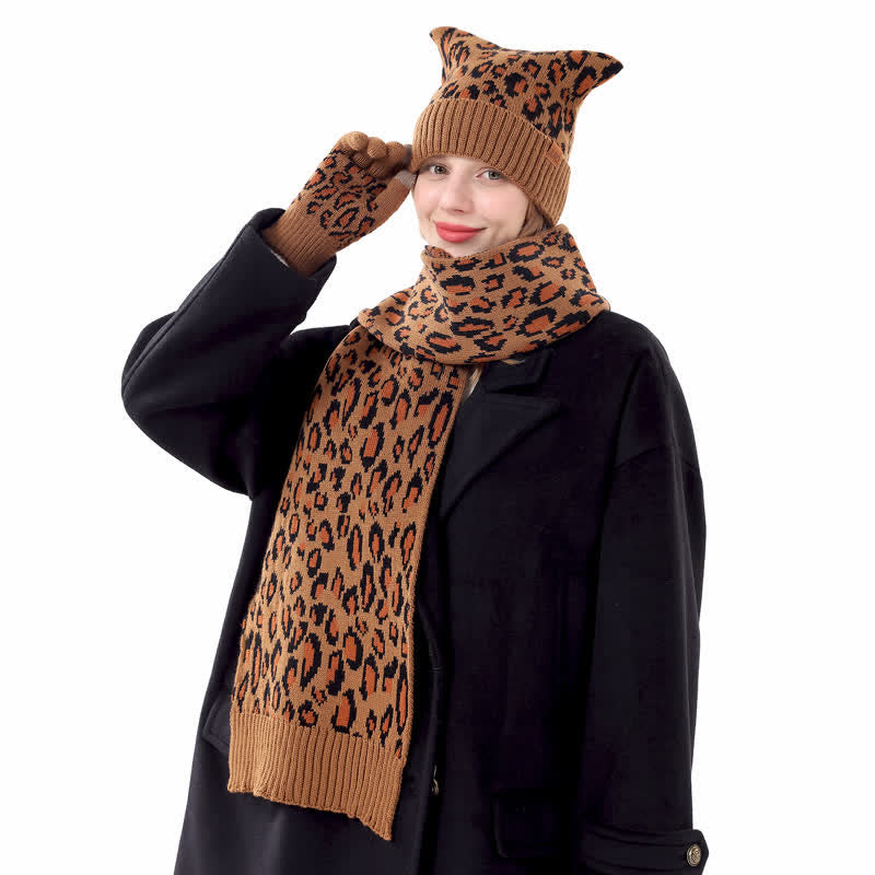 Set di 3 cappelli, sciarpe, guanti e orecchie di gatto con stampa leopardata - image 2