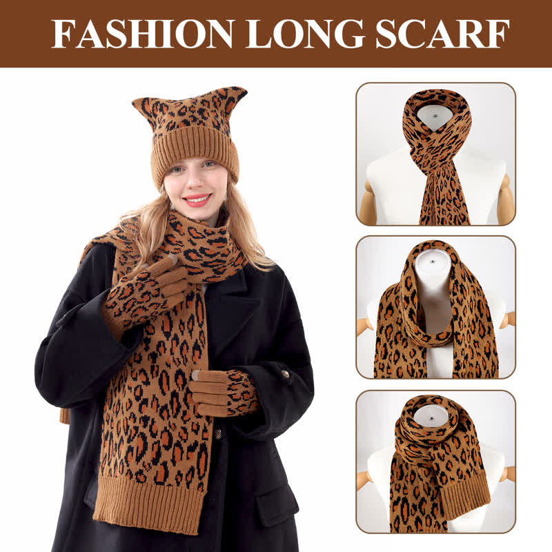 Set di 3 cappelli, sciarpe, guanti e orecchie di gatto con stampa leopardata - image 4