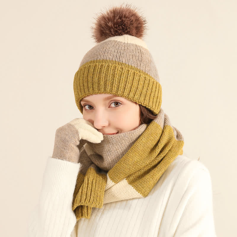 Set di 3 cappelli caldi, sciarpe e guanti a blocchi di colore triplo - image 8