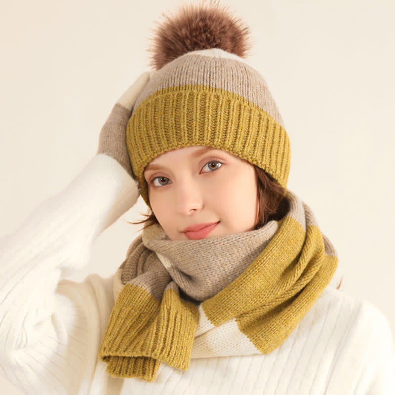 Set di 3 cappelli caldi, sciarpe e guanti a blocchi di colore triplo - image 9