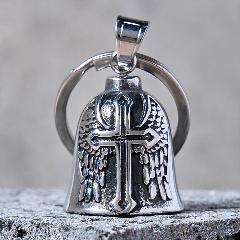 Portachiavi con campana vichinga in argento con croce e ali - Portachiavi - image 0