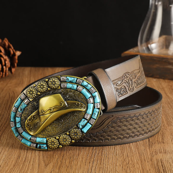 Cappello da cowboy da uomo in oro con cintura in pelle decorata con turchese