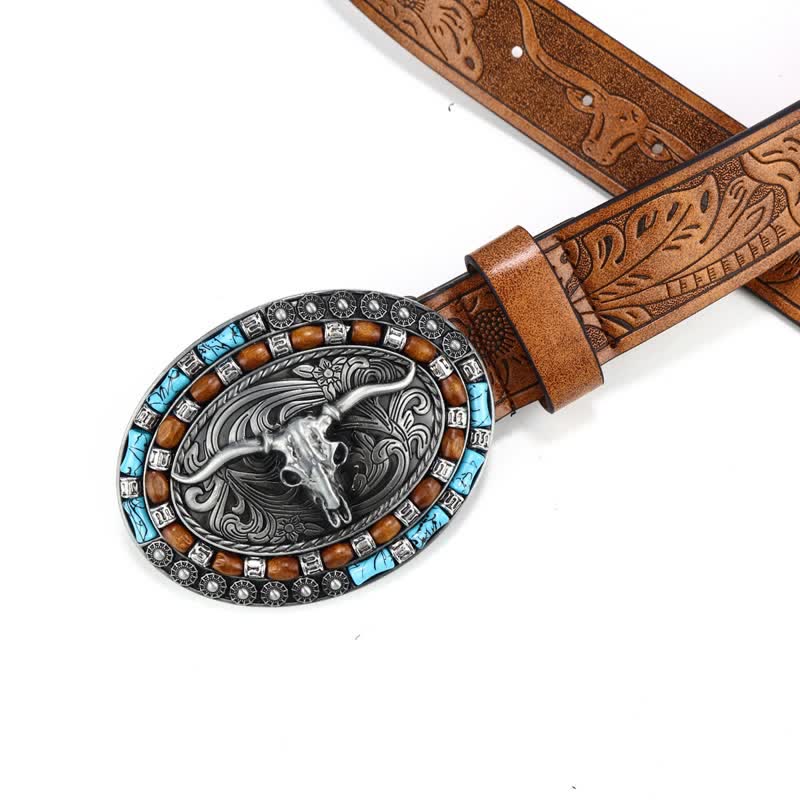 Cintura da uomo in pelle di toro turchese da cowboy western