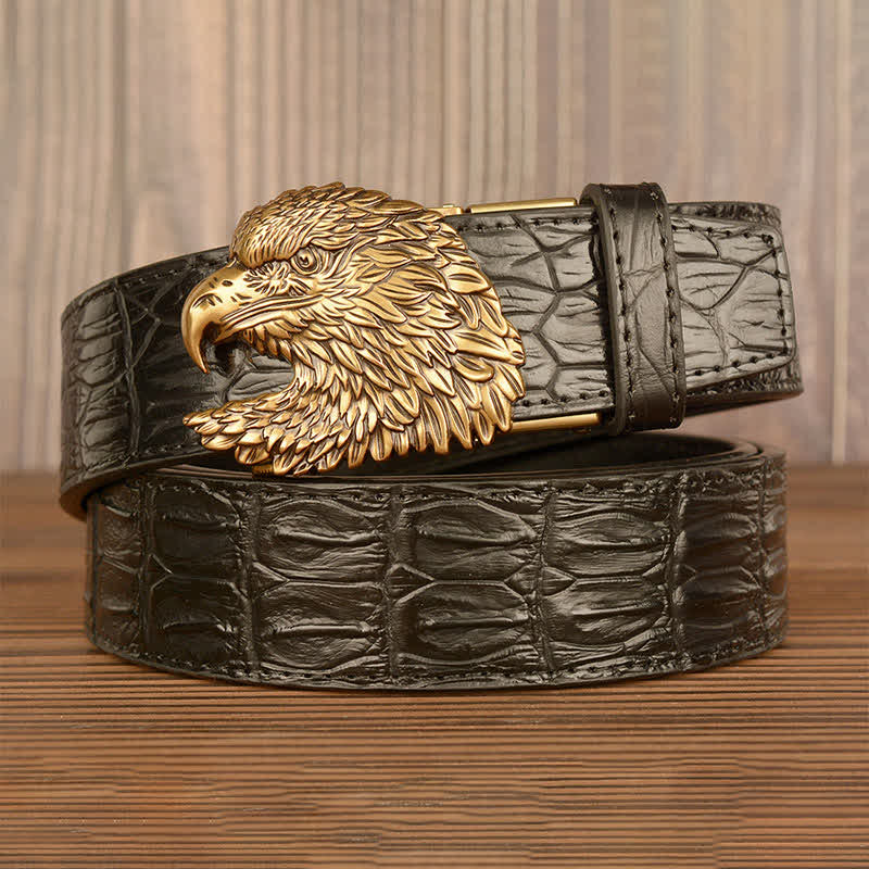 Cintura da uomo in pelle goffrata con testa d'aquila e coccodrillo