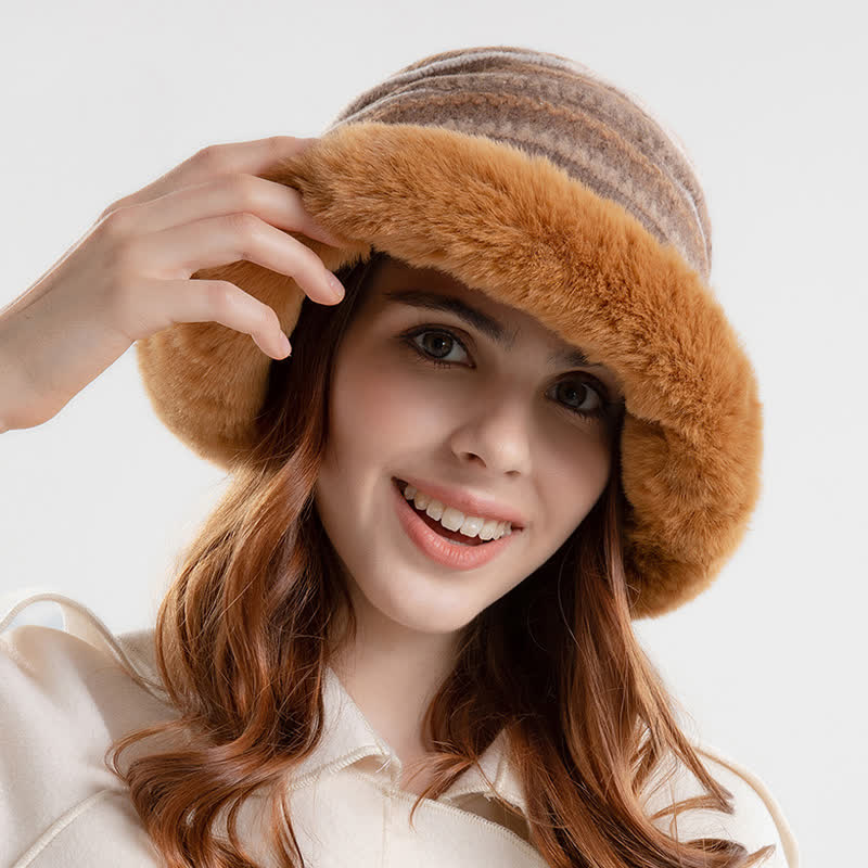Cappello da pescatore a righe con tesa calda in peluche da donna