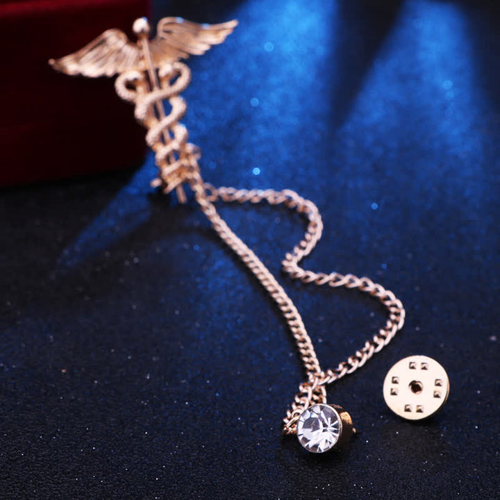 Spilla a catena con doppio serpente e caduceo da uomo