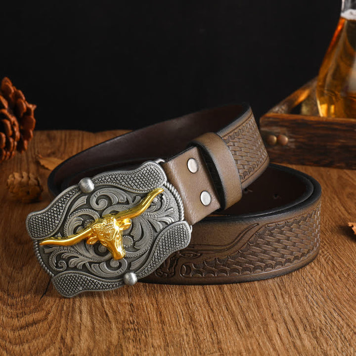 Cintura da uomo in pelle di toro Longhorn dorata quadrata