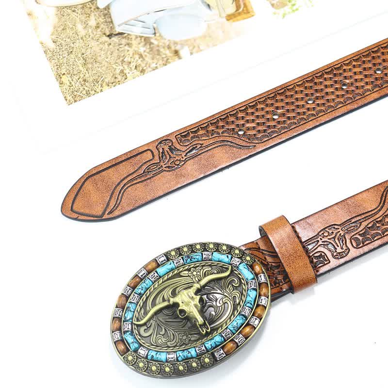 Cintura da uomo in pelle di toro turchese da cowboy western