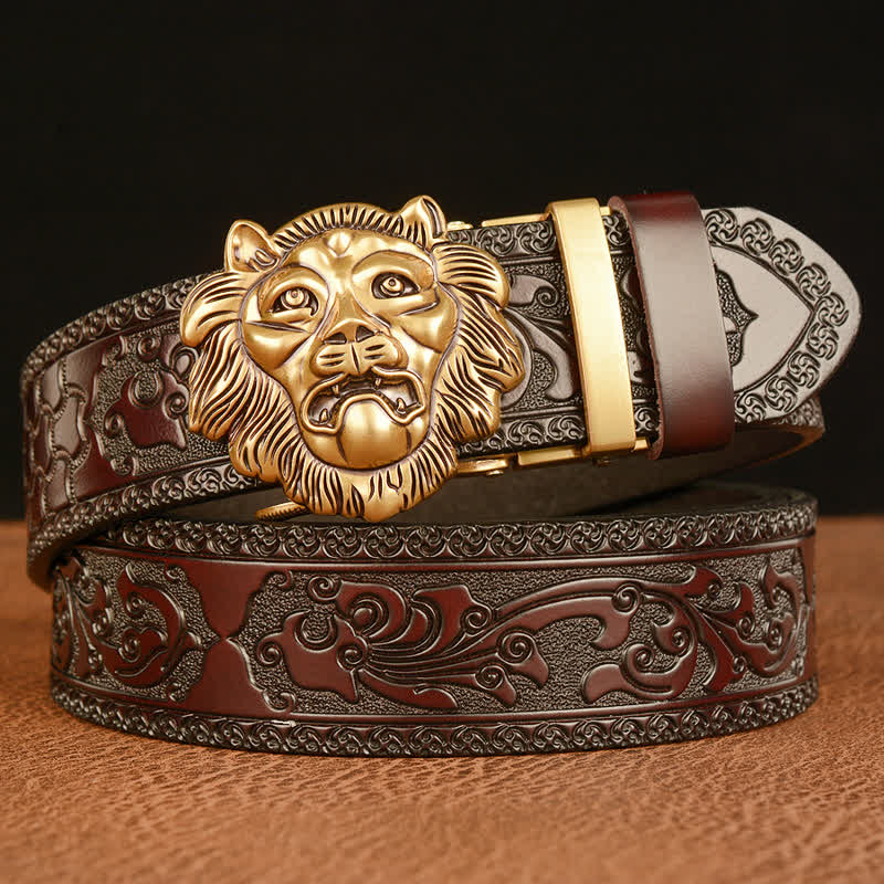 Cintura in pelle con testa di leone con scultura 3D da uomo