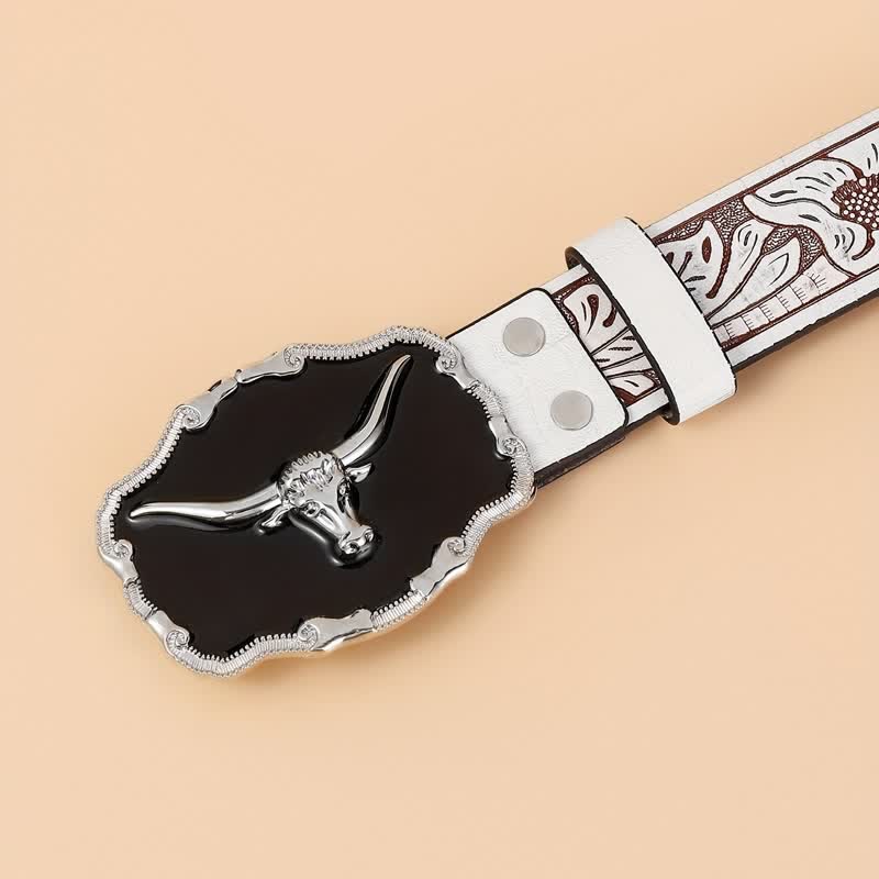 Cintura da uomo in pelle con testa di toro Longhorn Western nera
