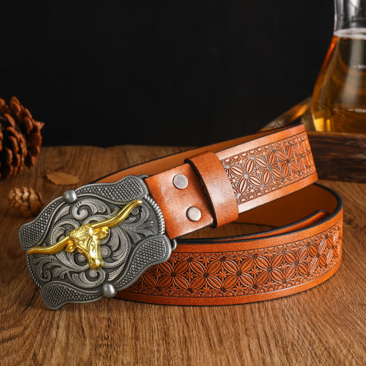 Cintura da uomo in pelle di toro Longhorn dorata quadrata