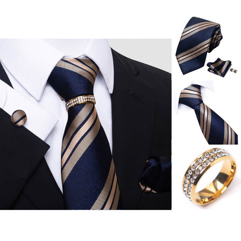Set di 4 cravatte a righe da uomo con anello per cravatta