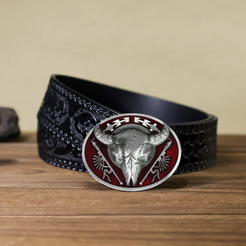 Cintura in pelle con fibbia a forma di teschio di toro a tema indiano fai da te da uomo