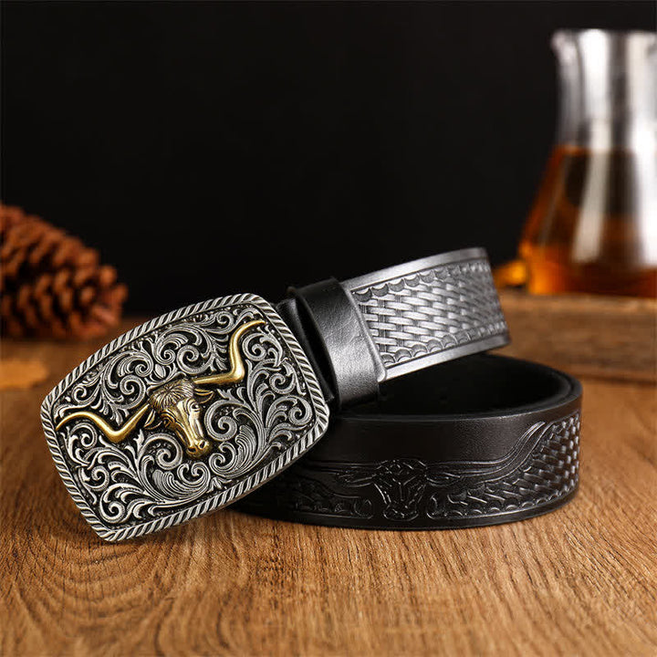 Cintura in pelle con fibbia a forma di toro quadrato a forma di fiore da uomo - Nero / Argento - 38 - image 0