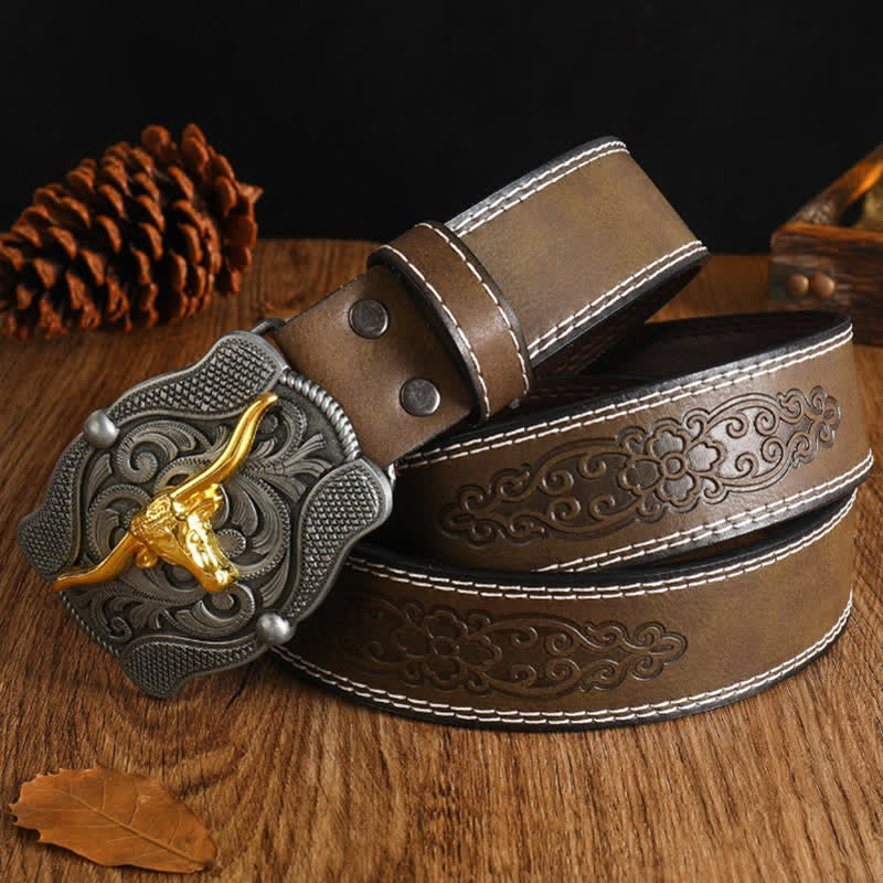 Cintura da uomo in pelle di toro Longhorn dorata quadrata