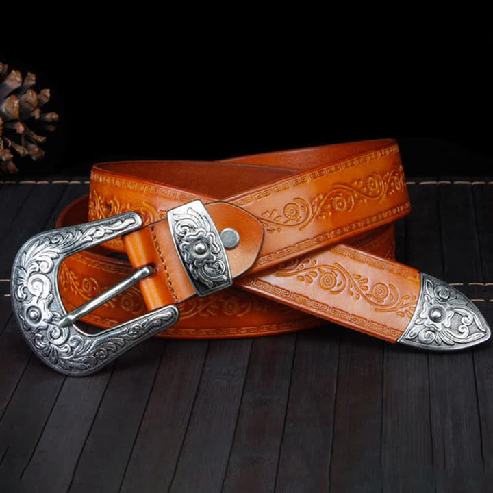 Cintura unisex in pelle con stampa floreale e texture rustica