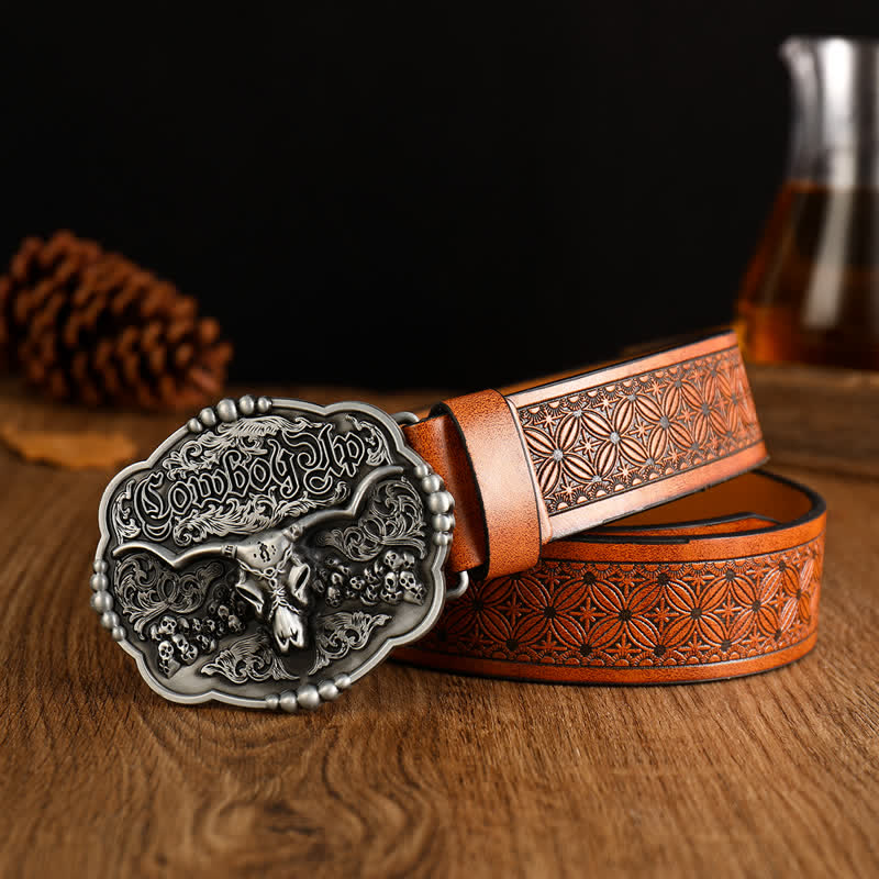 Cintura da uomo in pelle di toro con teschio gotico da cowboy