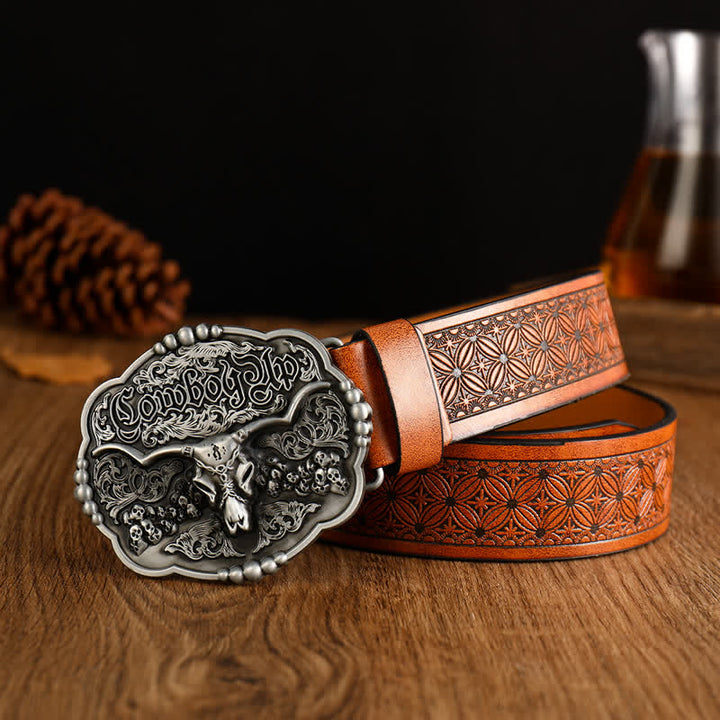 Cintura da uomo in pelle di toro con teschio gotico da cowboy