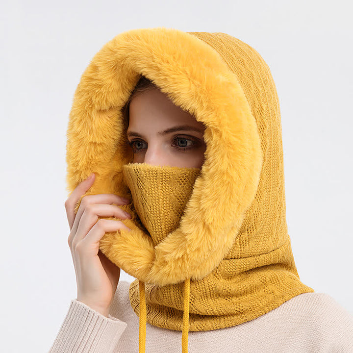 Cappello lavorato a maglia con cappuccio e maschera per il viso color caramella da donna