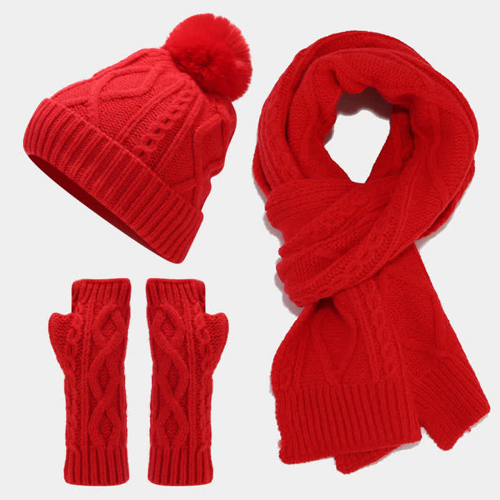 Set di 3 guanti senza dita con sciarpa e cappello lavorati a maglia da donna