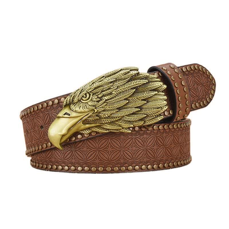 Cintura da uomo in pelle con rivetti a forma di testa di avvoltoio e aquila