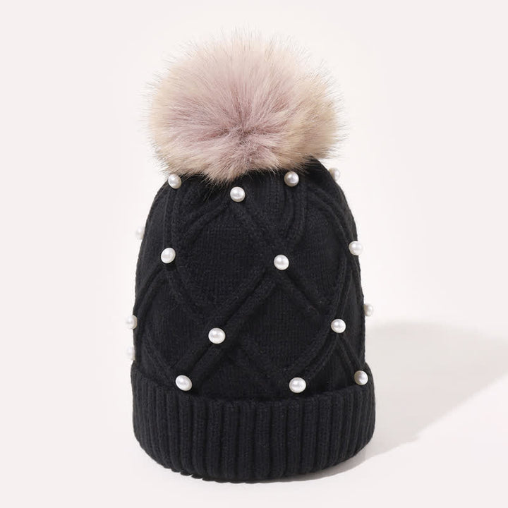 Cappello lavorato a maglia elasticizzata con pompon e perle carine da donna