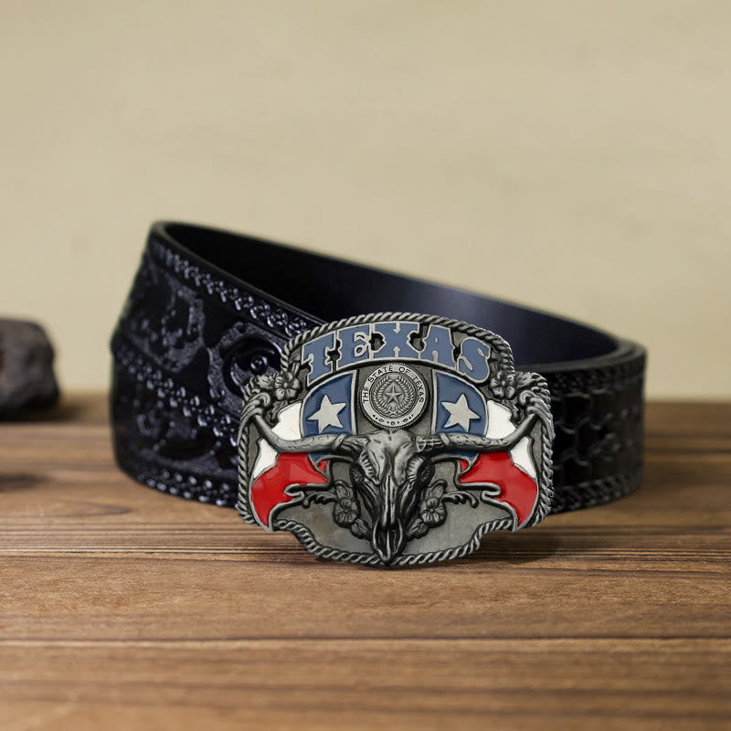 Cintura in pelle fai da te con fibbia a forma di toro Longhorn con bandiera del Texas da uomo
