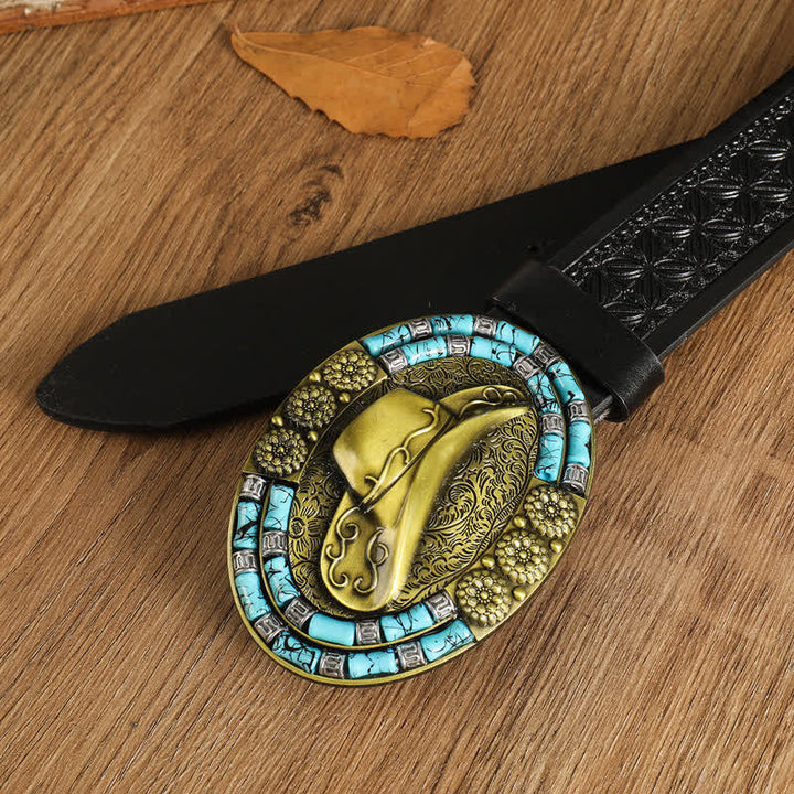 Cappello da cowboy da uomo in oro con cintura in pelle decorata con turchese