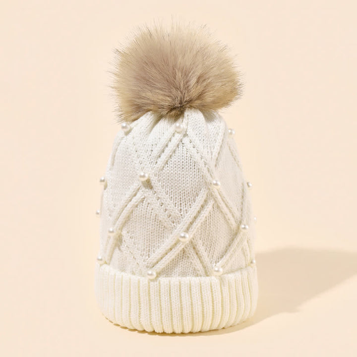 Cappello lavorato a maglia elasticizzata con pompon e perle carine da donna