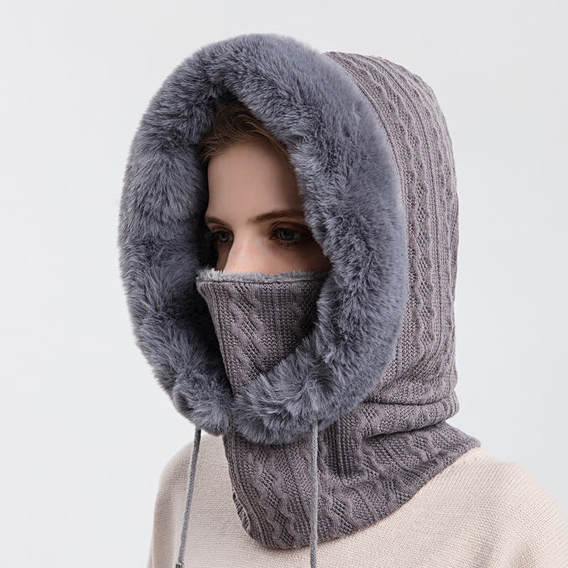 Cappello lavorato a maglia con cappuccio e maschera per il viso color caramella da donna