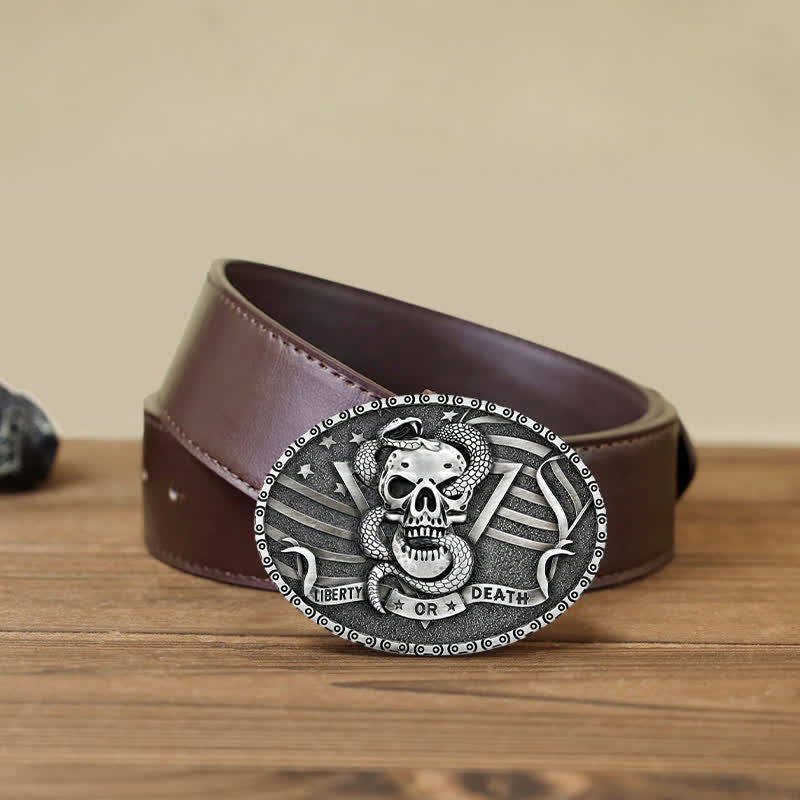 Cintura in pelle fai da te da uomo con fibbia a forma di teschio di serpente "Liberty or Death"
