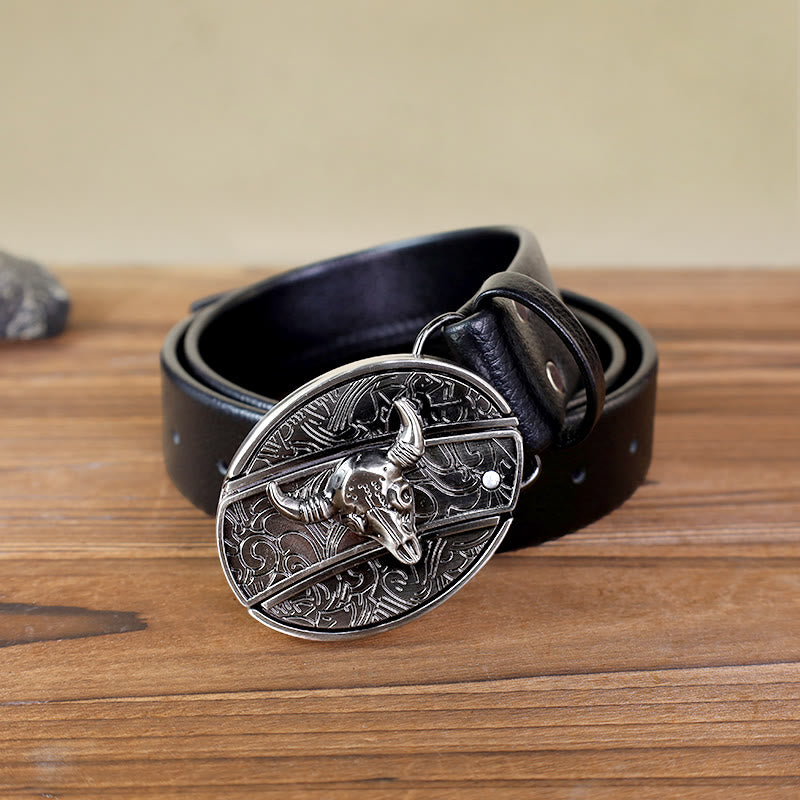 Cintura da uomo in pelle con testa di toro e coltello pieghevole