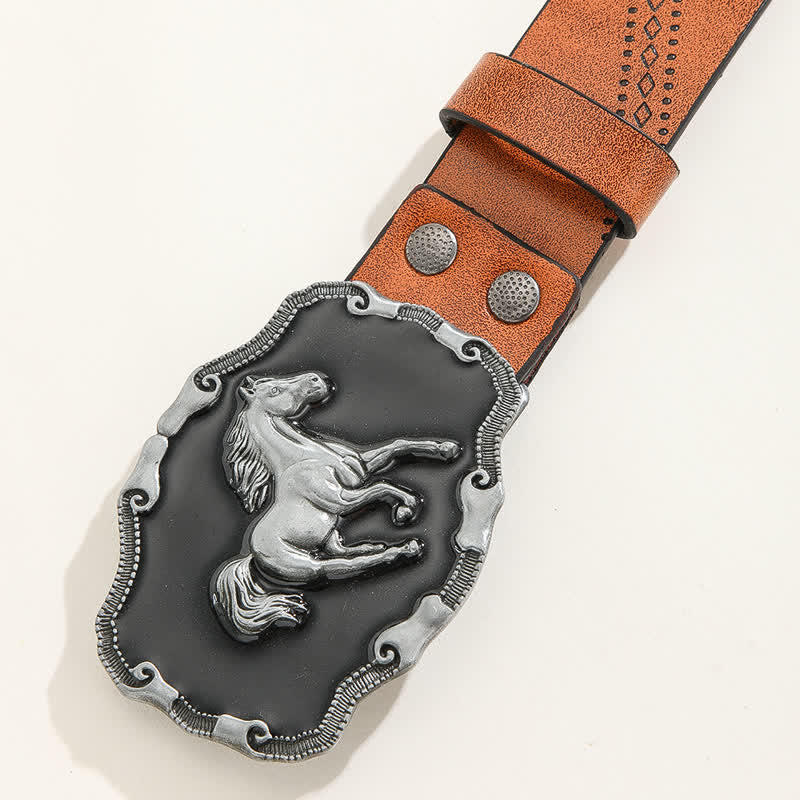 Cintura da uomo in pelle con fibbia classica in argento a forma di cavallo da corsa