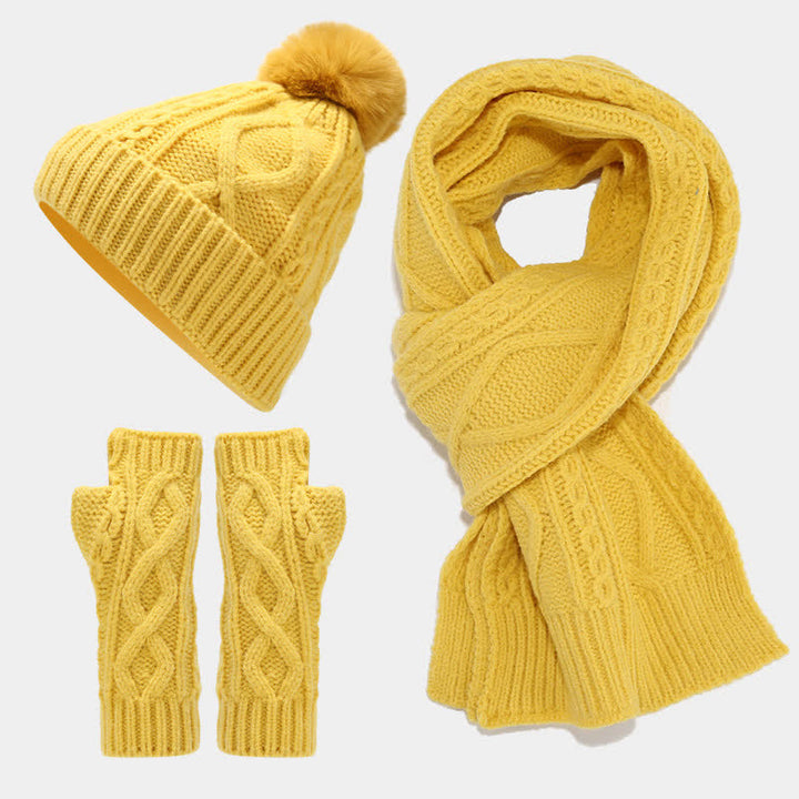 Set di 3 guanti senza dita con sciarpa e cappello lavorati a maglia da donna
