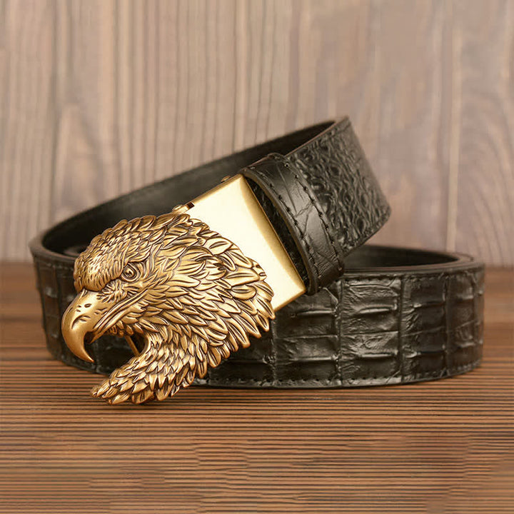 Cintura da uomo in pelle goffrata con testa d'aquila e coccodrillo