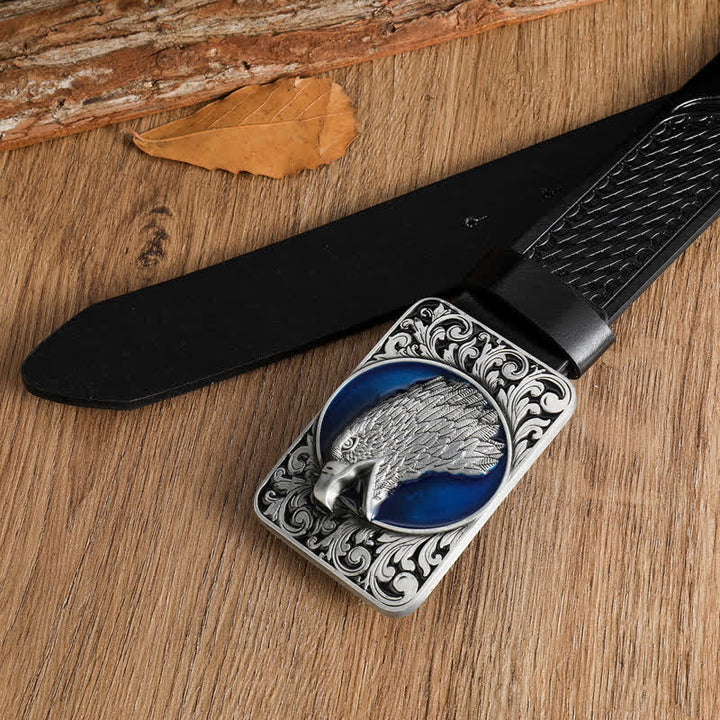 Cintura da uomo in pelle western con testa d'aquila calva rettangolare